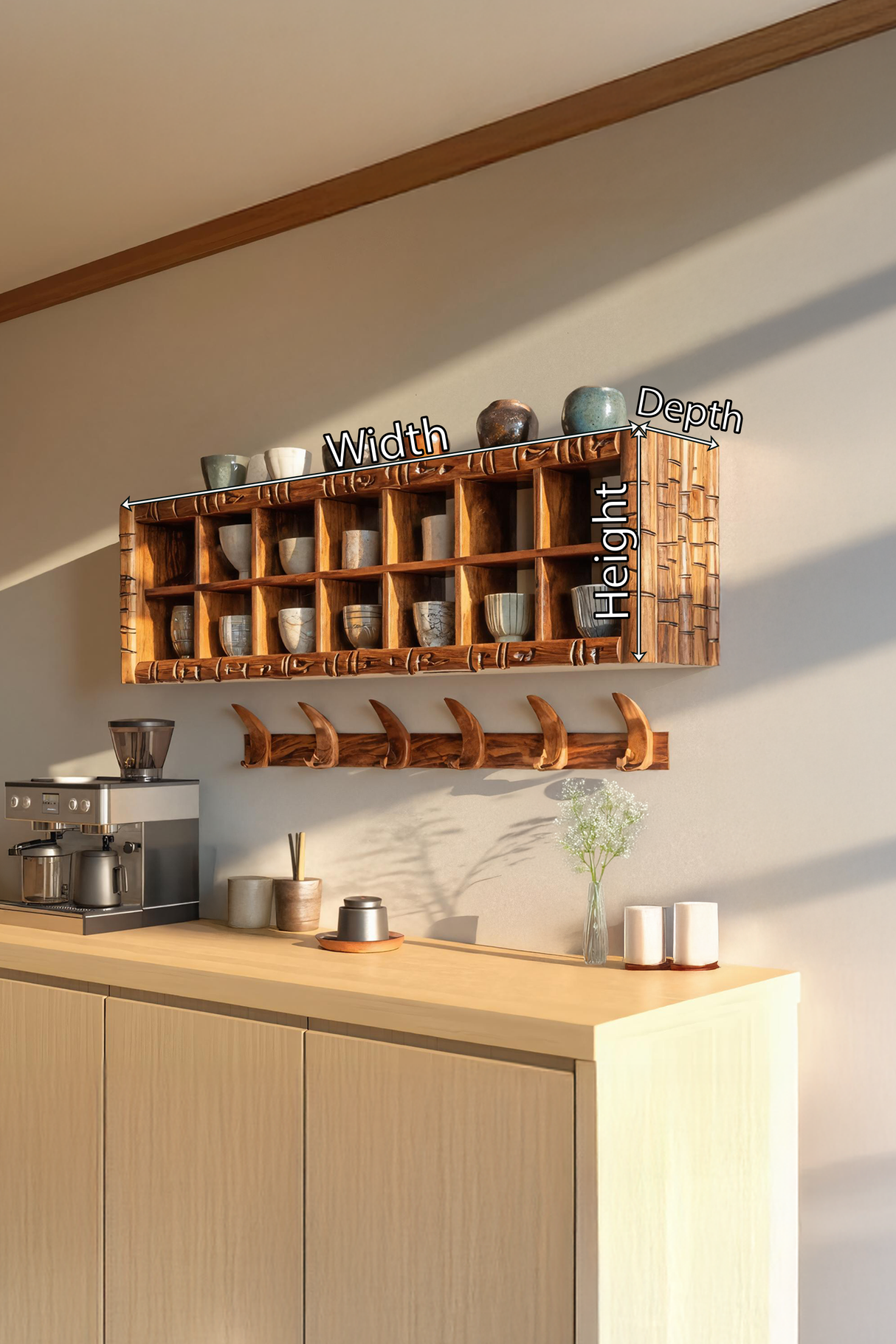 Modern Wooden Shelf With Hooks For Small Kitchen Design