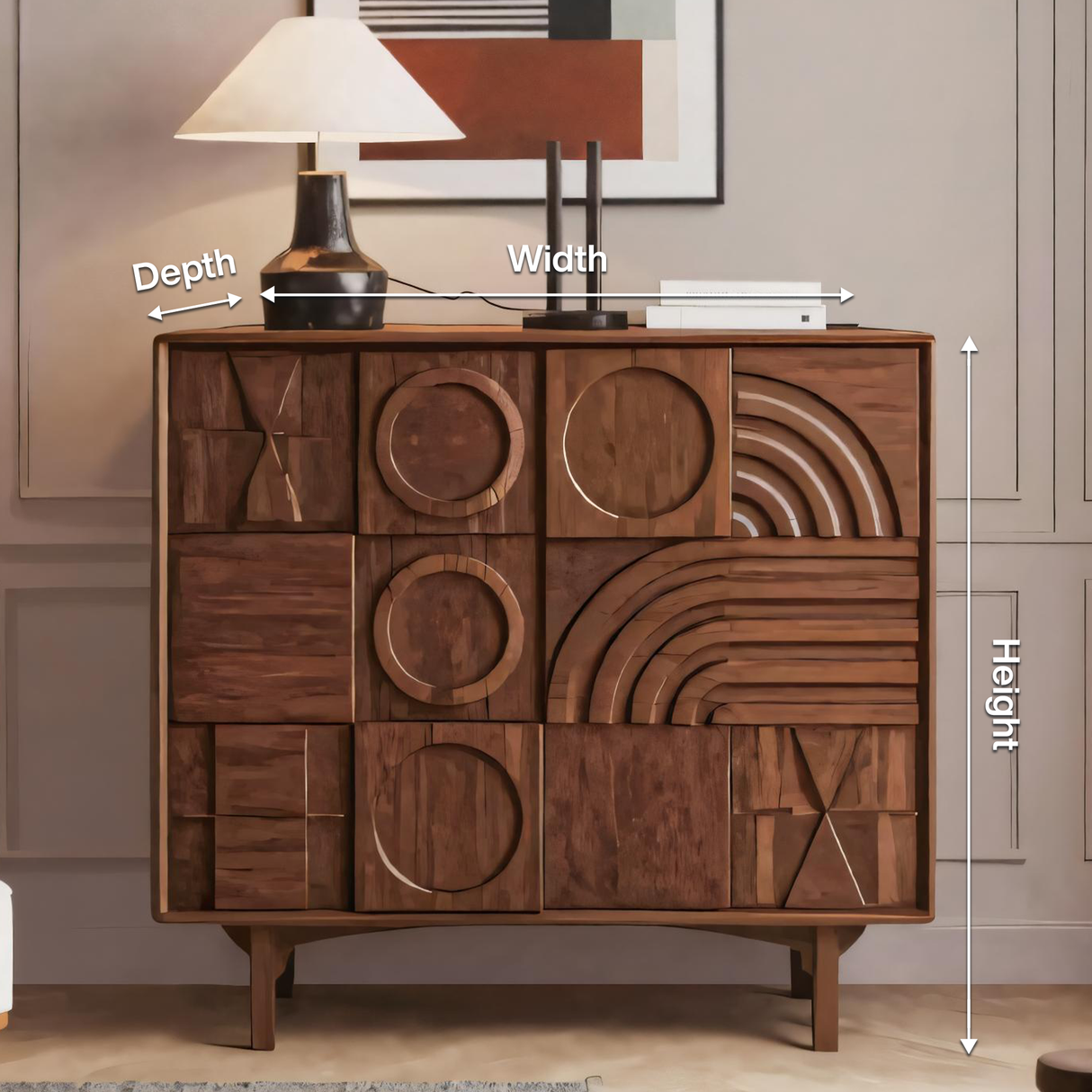 Geometric Carved Cabinet With Sculpted Doors For Entryway And Living Room