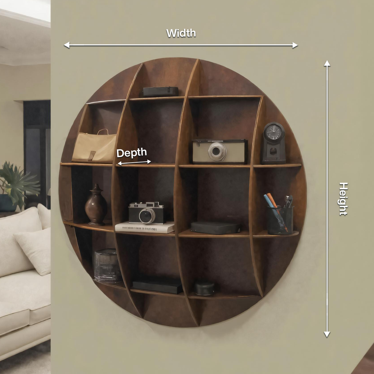 Modern Round Wall Mounted Shelf With Compartments For Living Room Office And Entryway