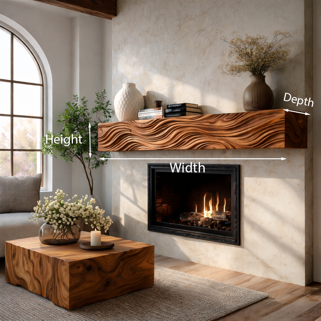 Wooden Fireplace Shelf With Wave Carved For Modern Home Decor