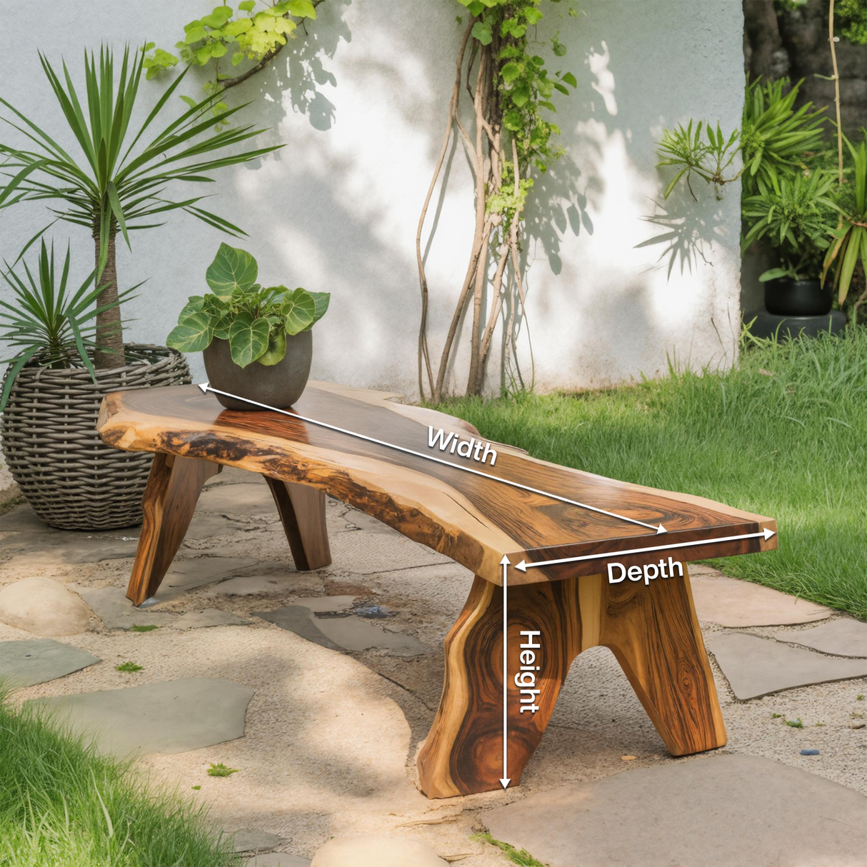 Rustic Live Edge Wooden Bench For Patio Or Garden