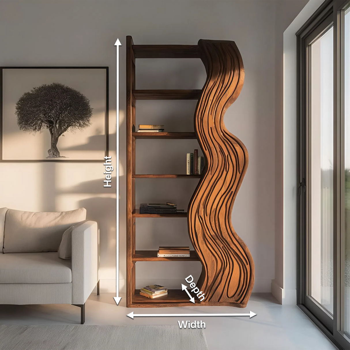 Modern Bookshelf With Wave Carved Side Panel For Office
