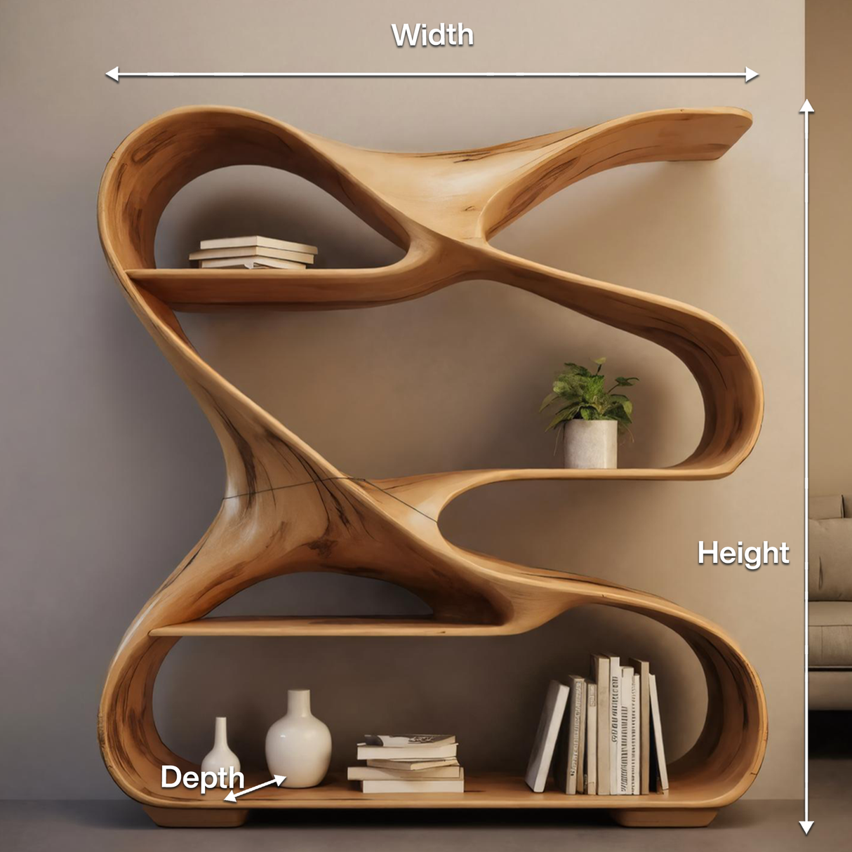 Modern Sculptural Wooden Bookshelf For Living Room Or Office Display