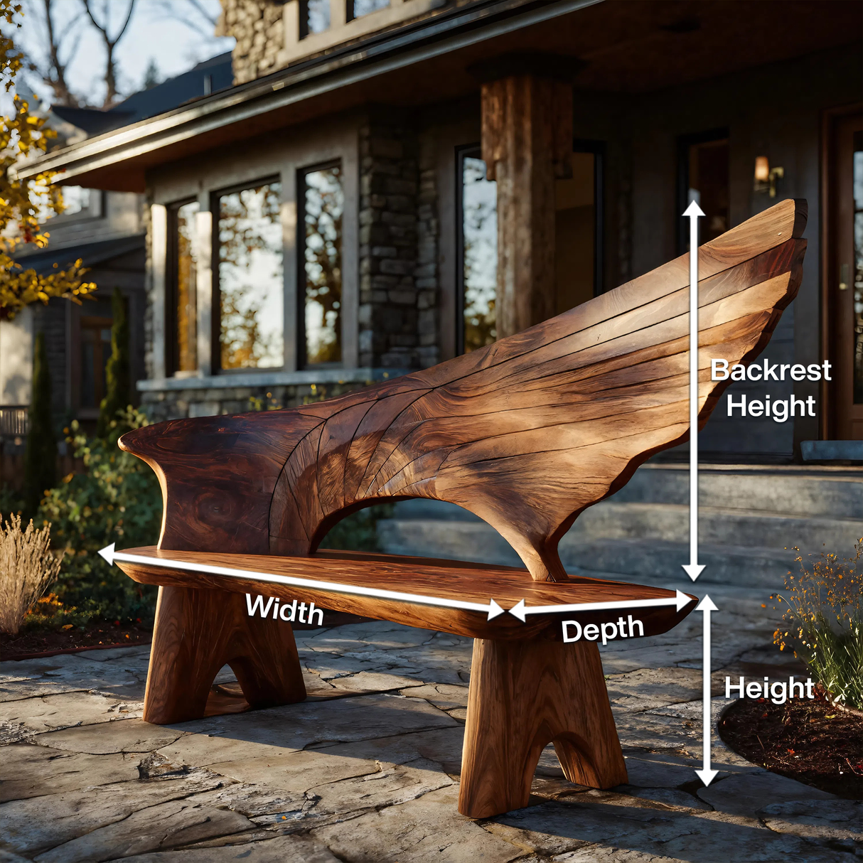 Outdoor Bench With Wing Inspired Carved Backrest For Garden