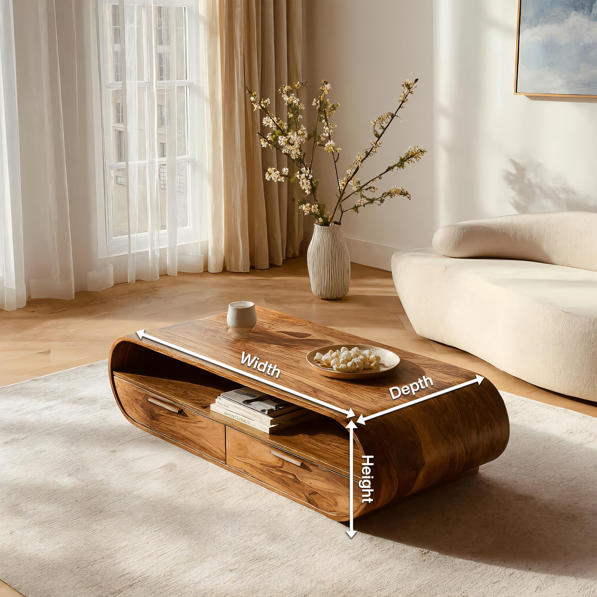 Modern Coffee Table Curved Storage Design For Living Room