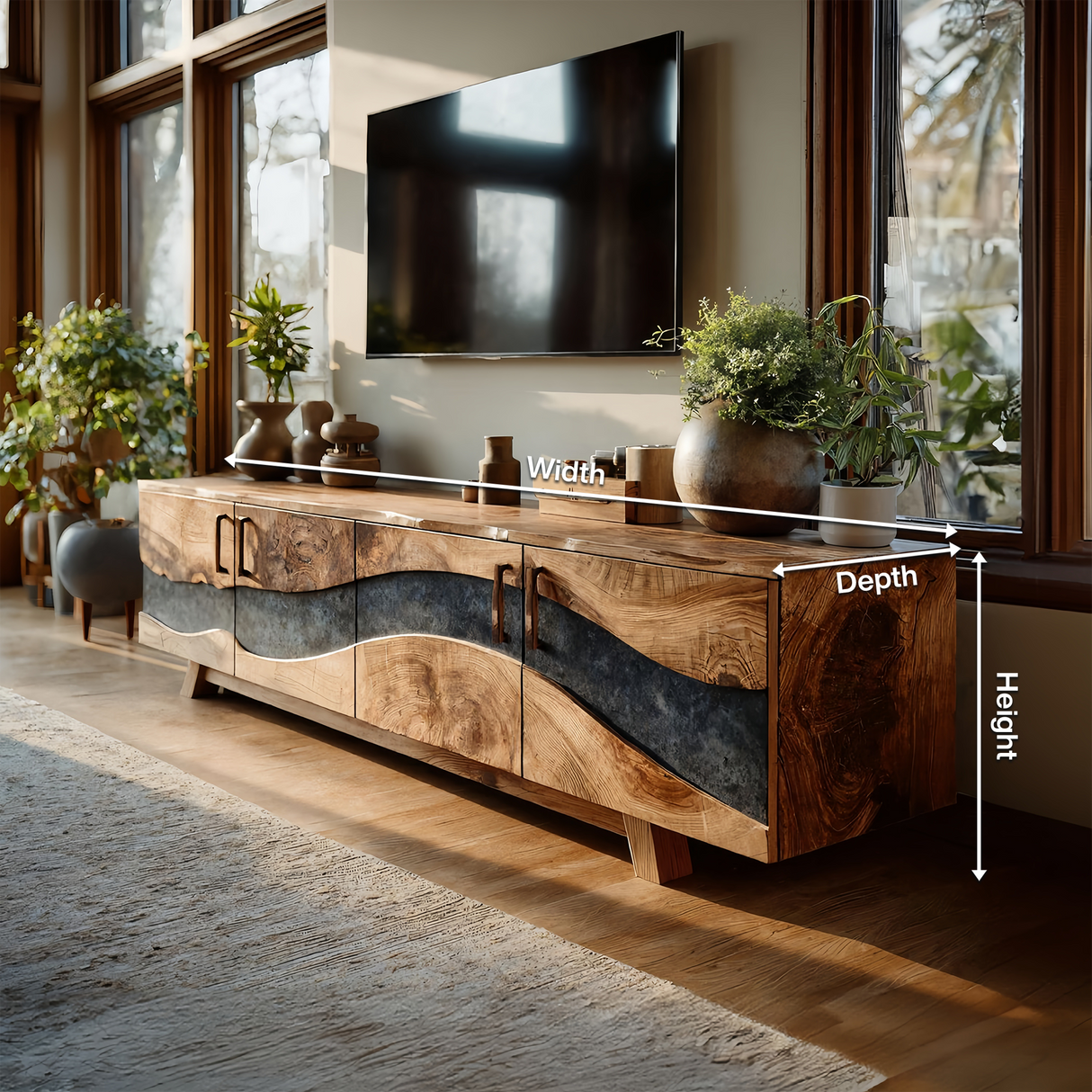 Mid Century Wooden Live Edge TV Stand For Living Room Decor