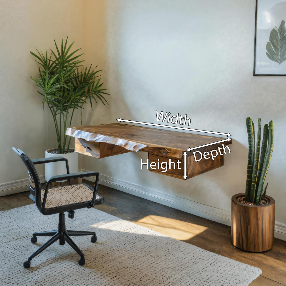 Floating Live Edge Desk With 2 Drawers For Home Office