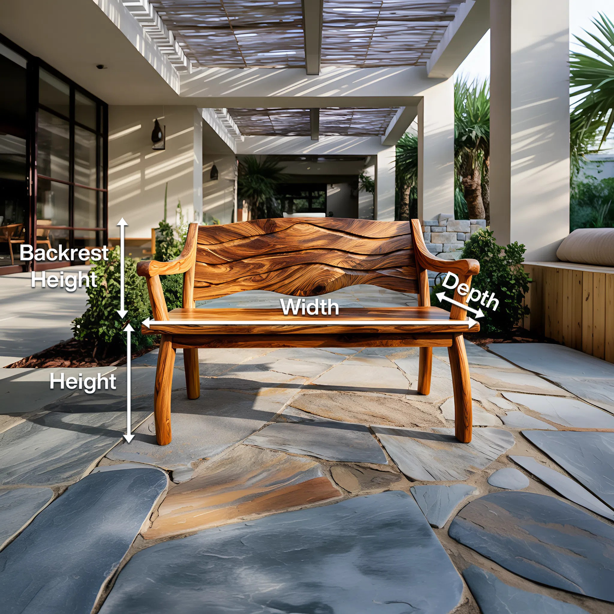 Outdoor Wood Bench With Wave Carved Backrest For Exterior