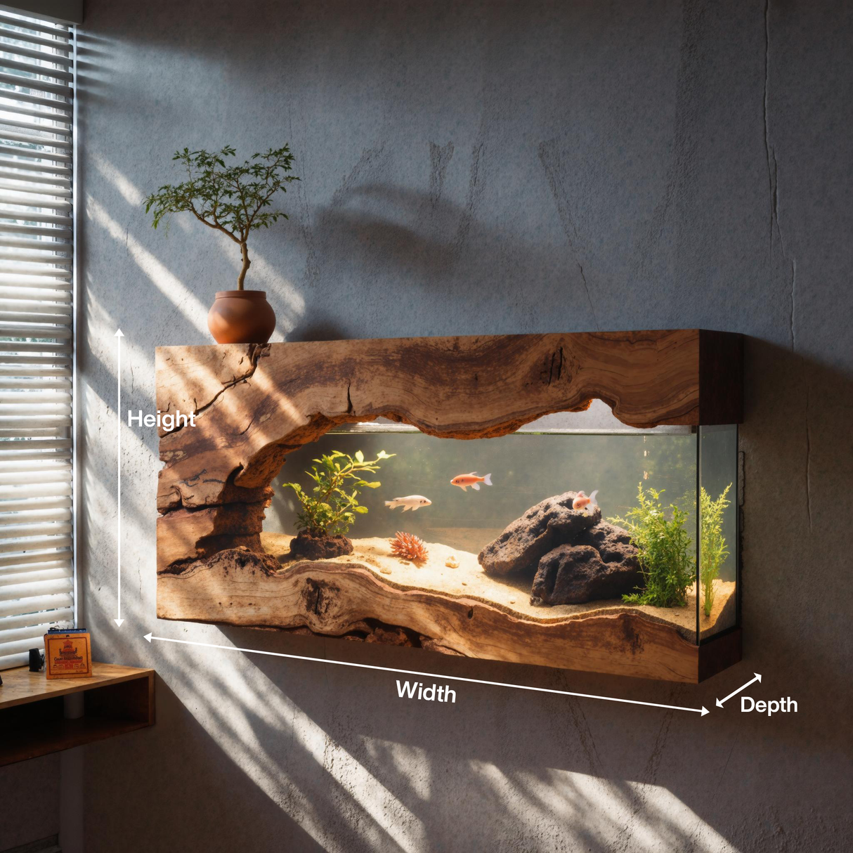 Wall Mounted Aquarium With Driftwood Frame For Living Room And Office