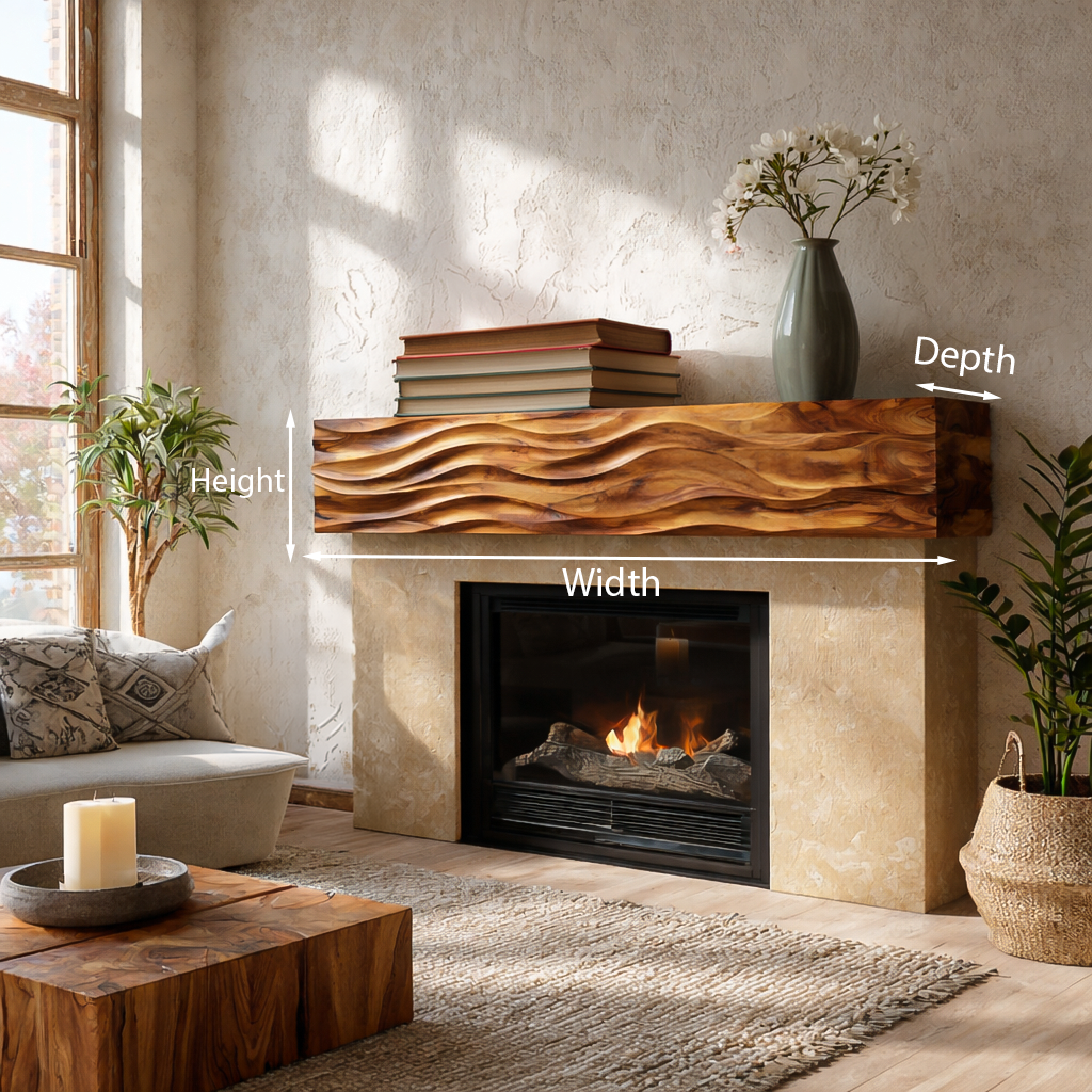 Rustic Wooden Fireplace Shelf With Wave Carved For Living Room