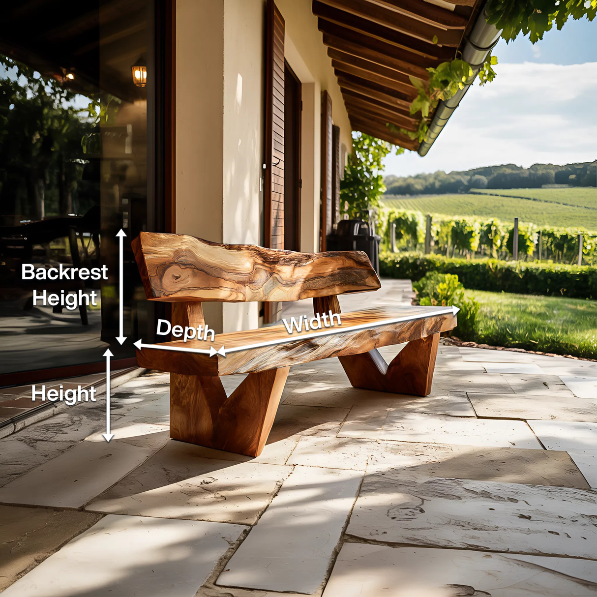 Handcrafted Outdoor Bench With Live Edge Backrest For Garden