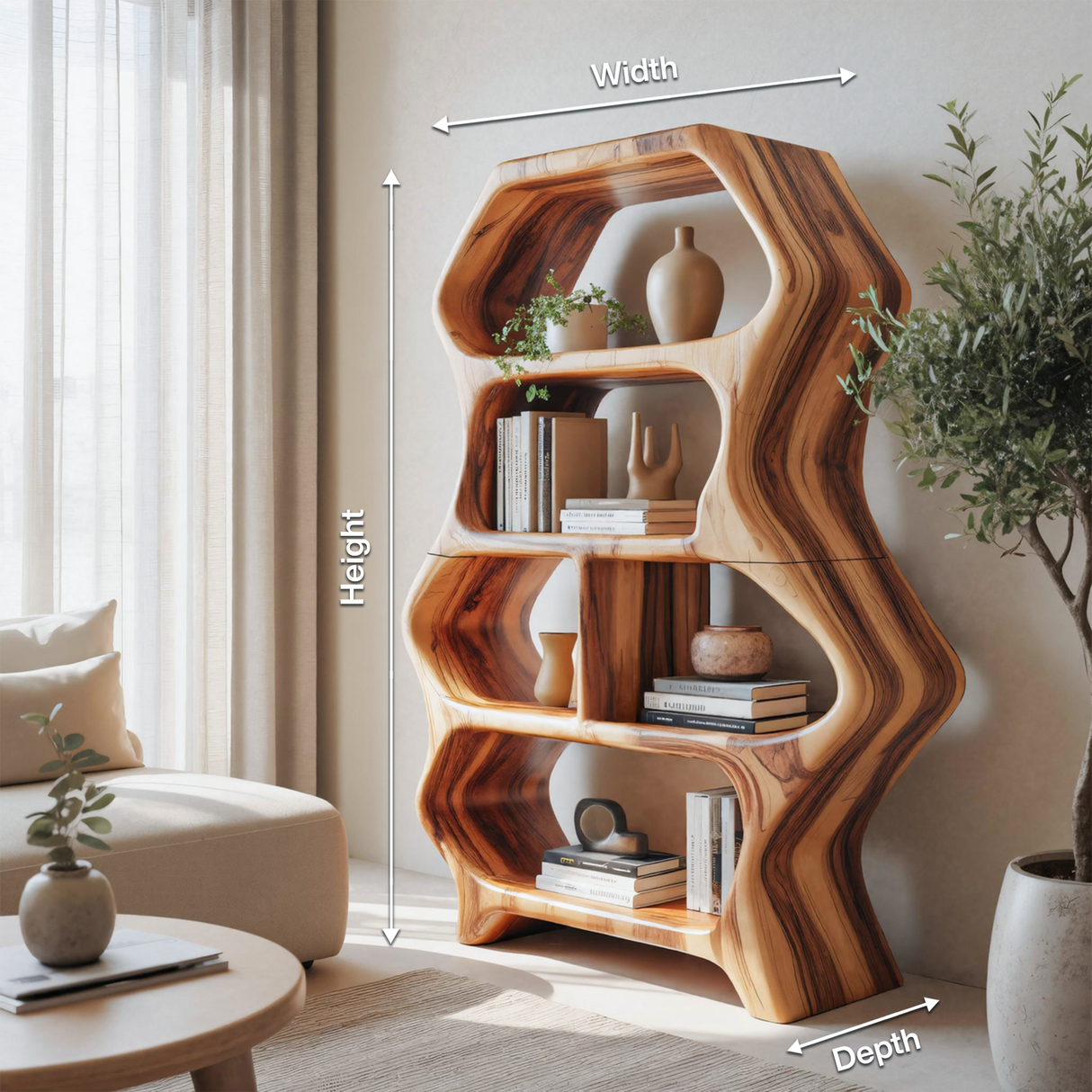 Sculptural Bookshelf With Organic Carved Display For Living Room And Office