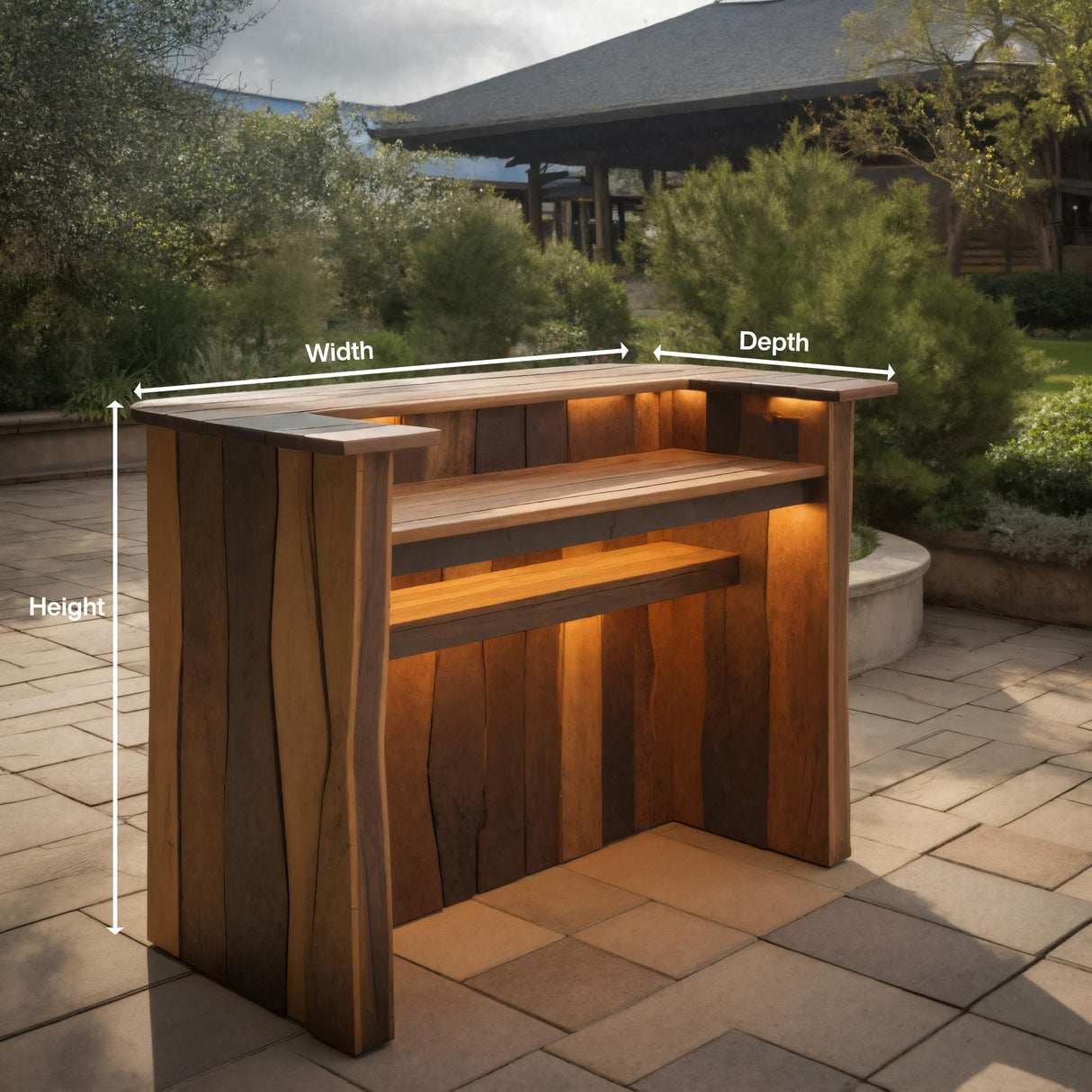 Rustic Live Edge Bar Counter With Lighting For Patio