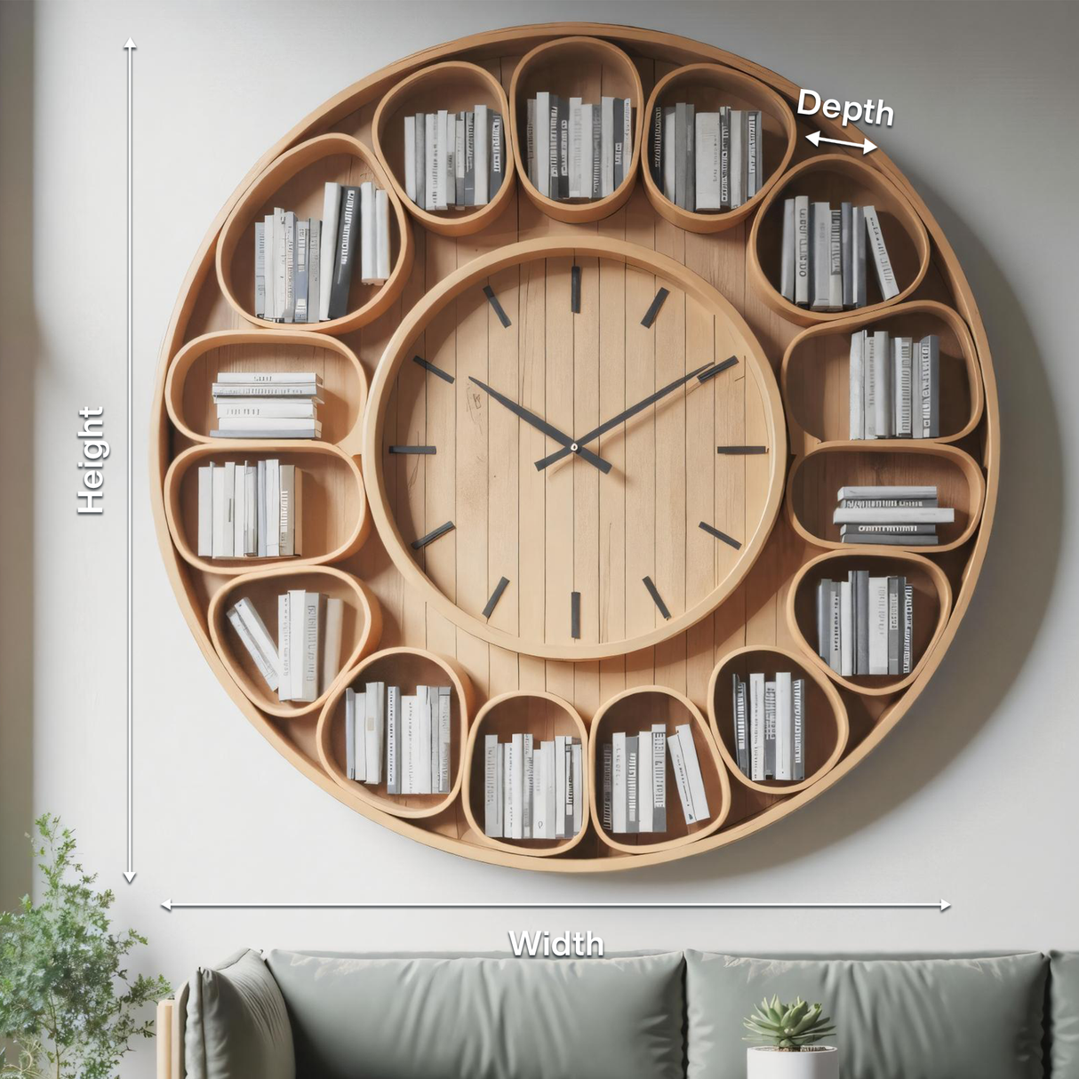 Contemporary Round Wall Bookshelf With Clock For Living Room And Home Office