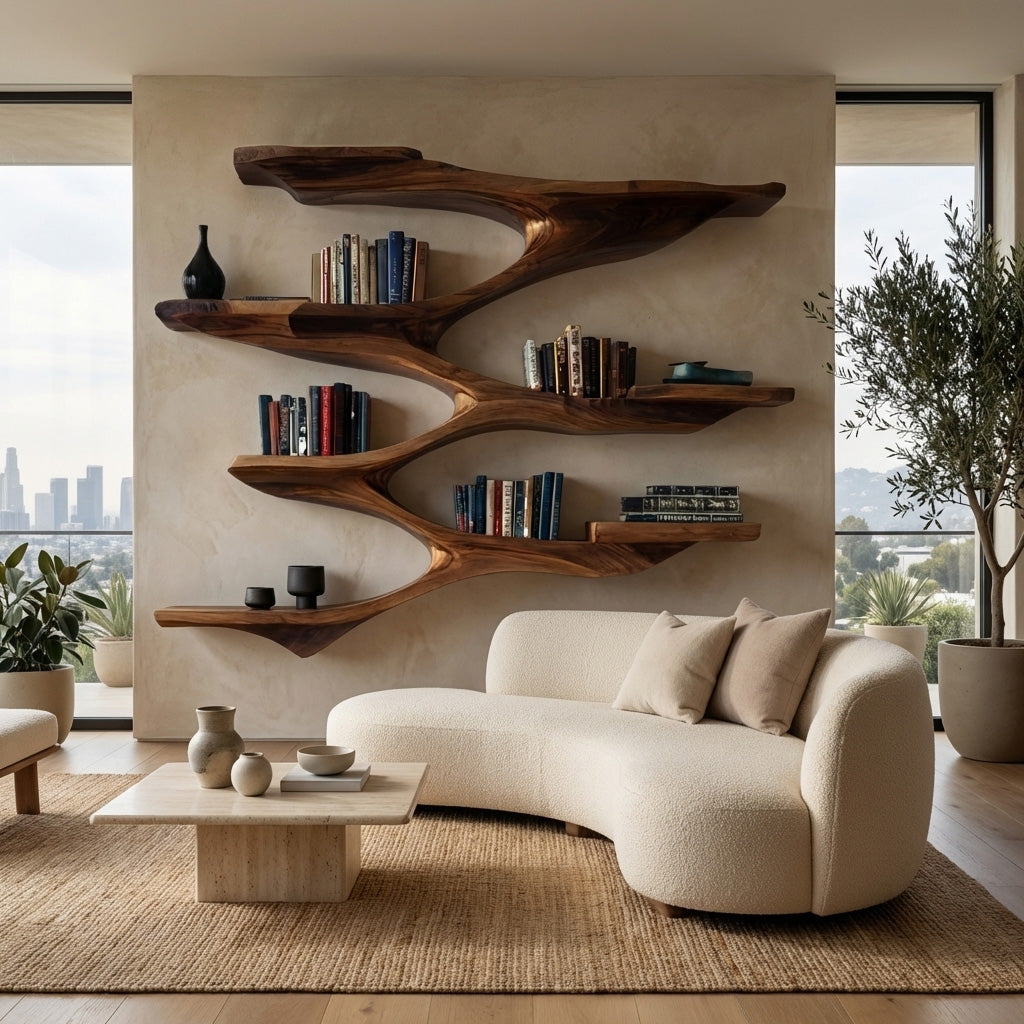 Mid Century Wooden Wall Shelf For Living Room Space