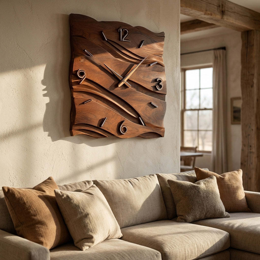 Organic Modern Wood Wave Wall Clock Decor For Living Room
