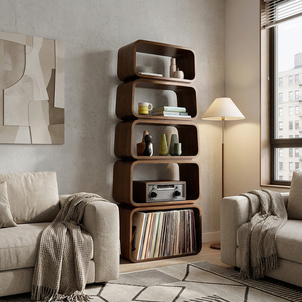 Mid Century Wooden Standing Shelf For Living Room Display