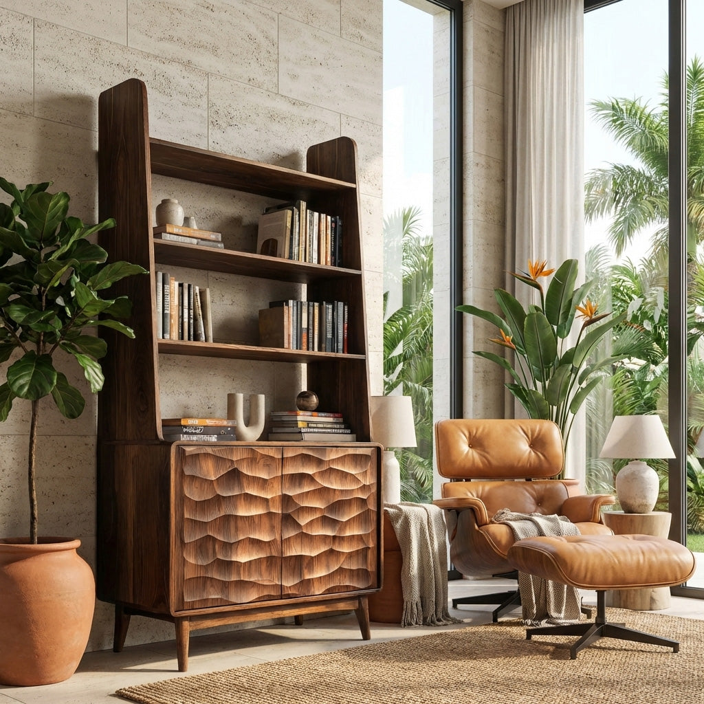 Modern Wooden Bookshelf With Carved Cabinet Doors For Home
