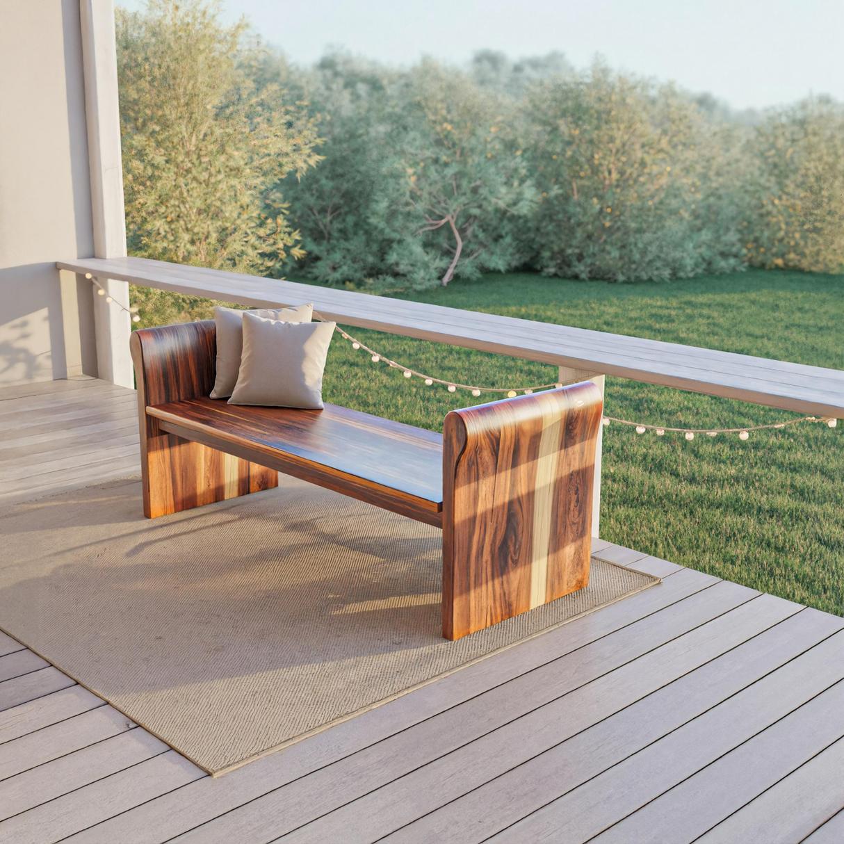 Contemporary Wood Bench With Rounded Armrests For Porch Or Garden