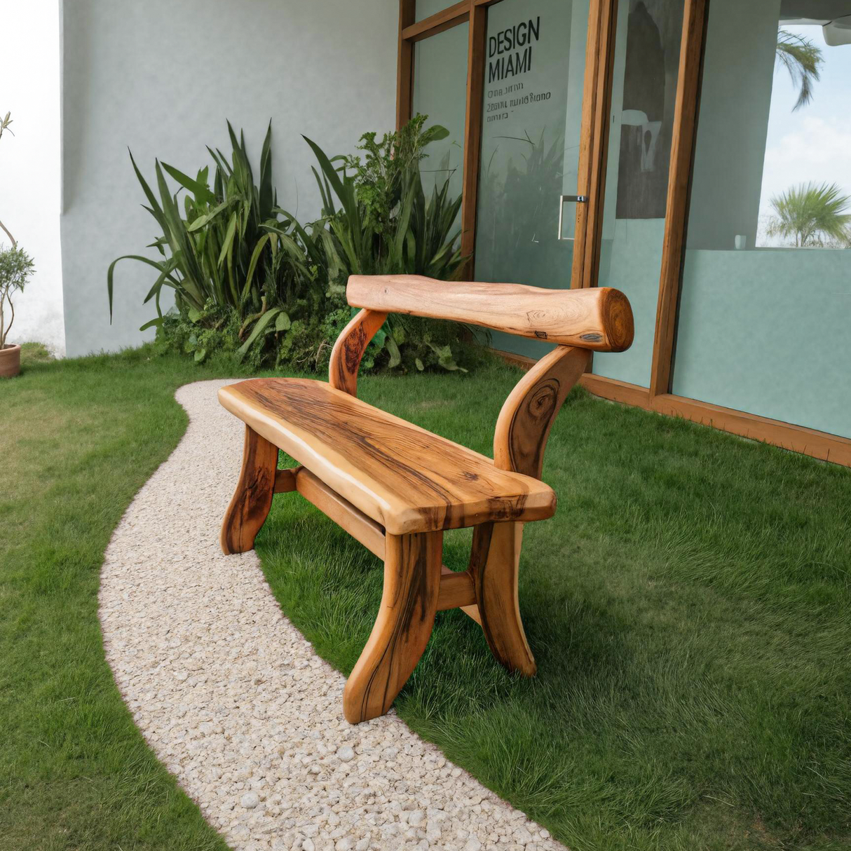Rustic Garden Bench With Curved Seat For Patio Pathway And Front Porch