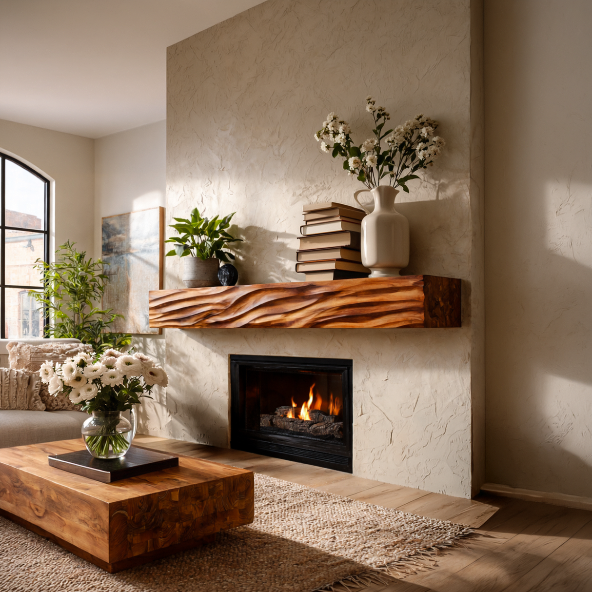 Rustic Wooden Floating Fireplace Shelf For Living Room Interior