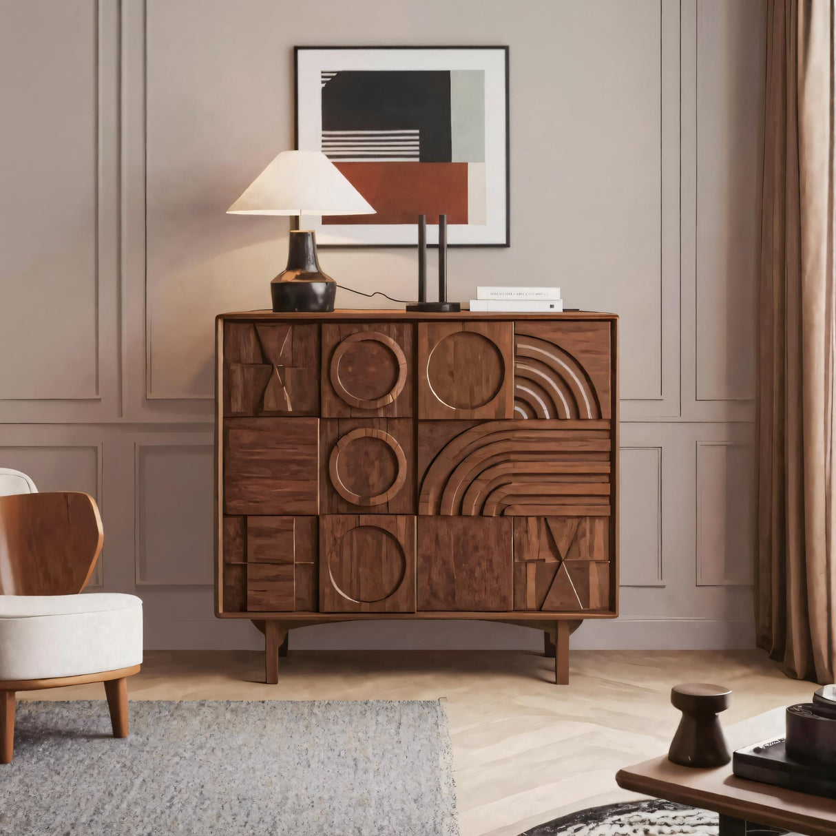 Geometric Carved Cabinet With Sculpted Doors For Entryway And Living Room