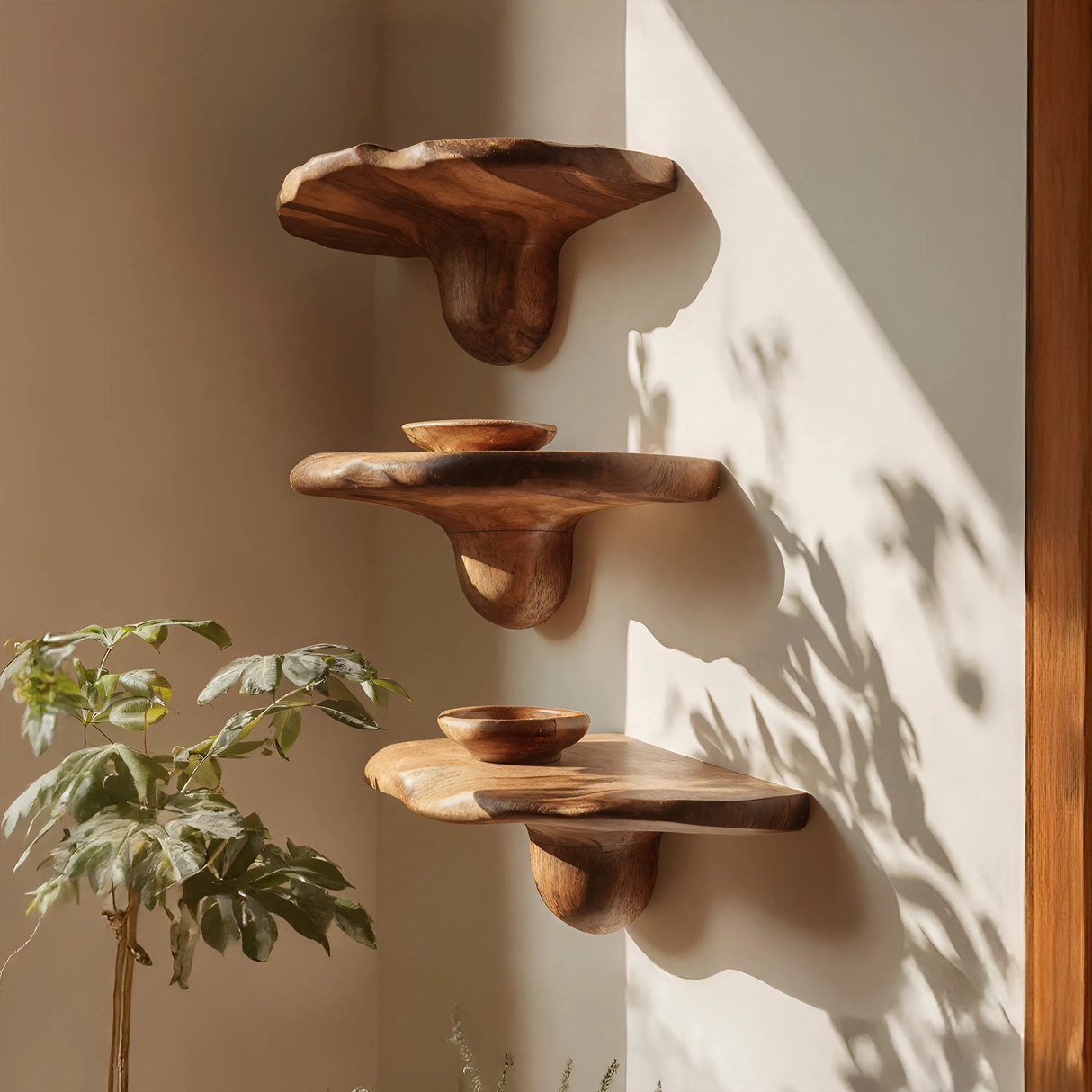 Handcrafted Solid Wood Mushroom Shelf For Bedroom Furniture Decor