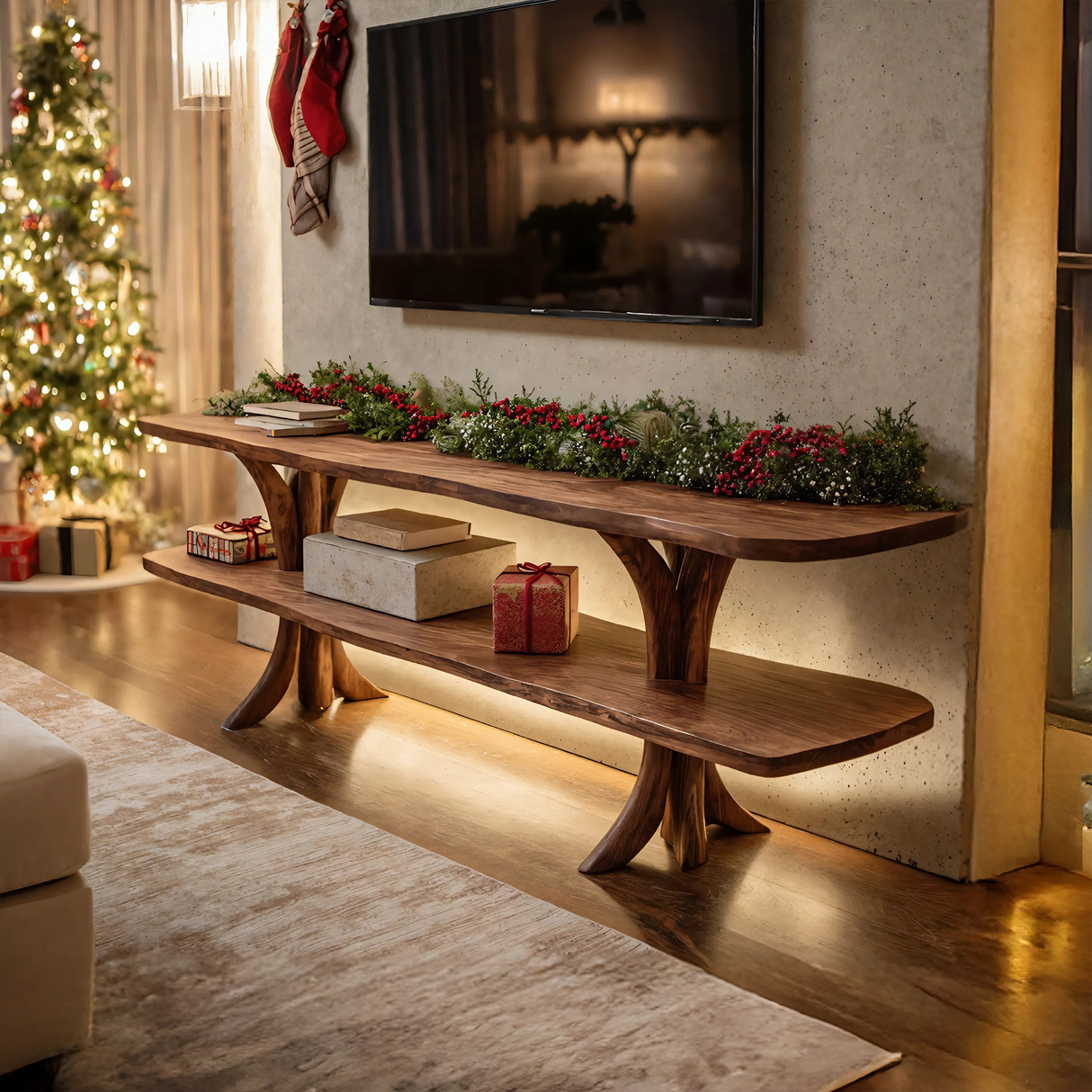 Mid Century Wooden Live Edge TV Console For Christmas Living Room Decor