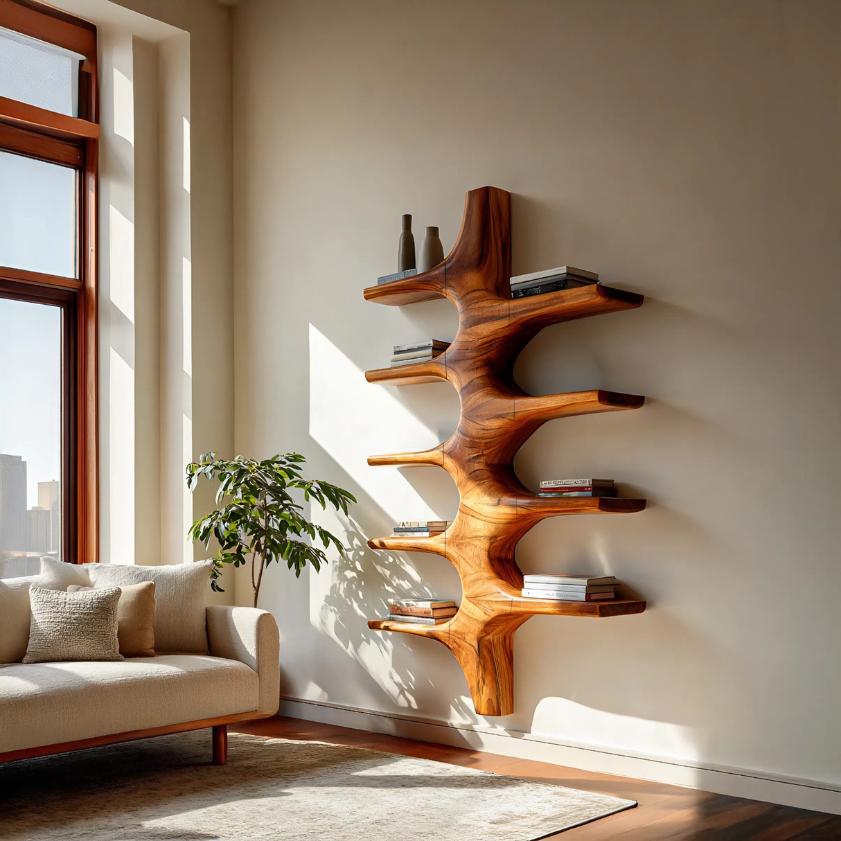 Sculptural Wood Wall Mounted Bookshelf For Modern Living Room