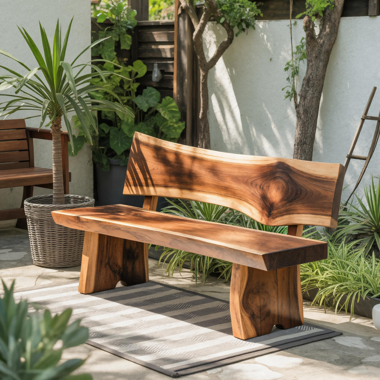 Contemporary Outdoor Wood Bench With Sculpted Back For Patio Or Courtyard