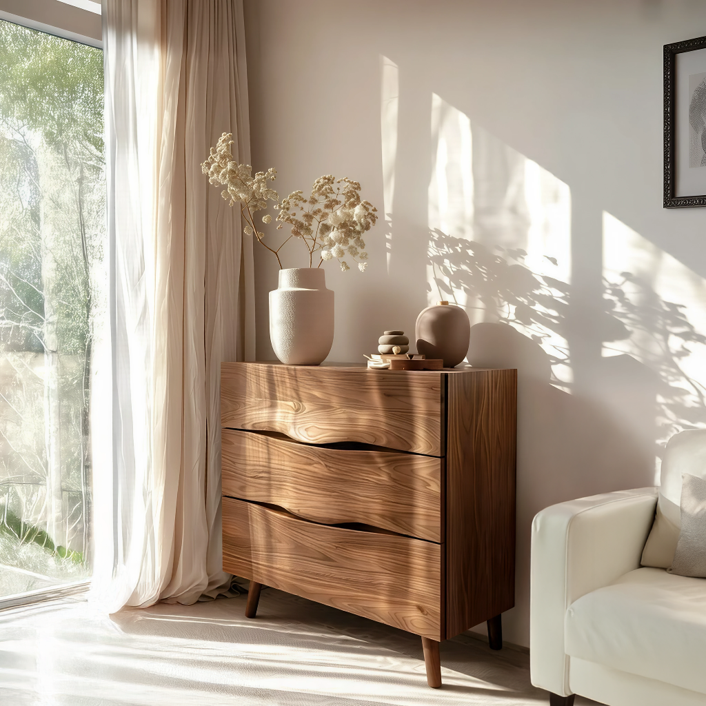 Modern Wooden Cabinet With Curved Handles For Bedroom Storage