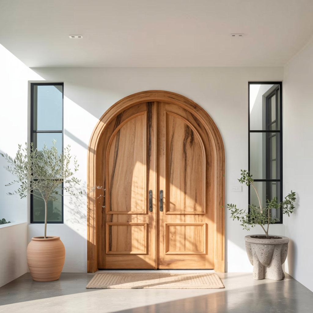 Elegant Arched Double Entry Door With Panels For Villa