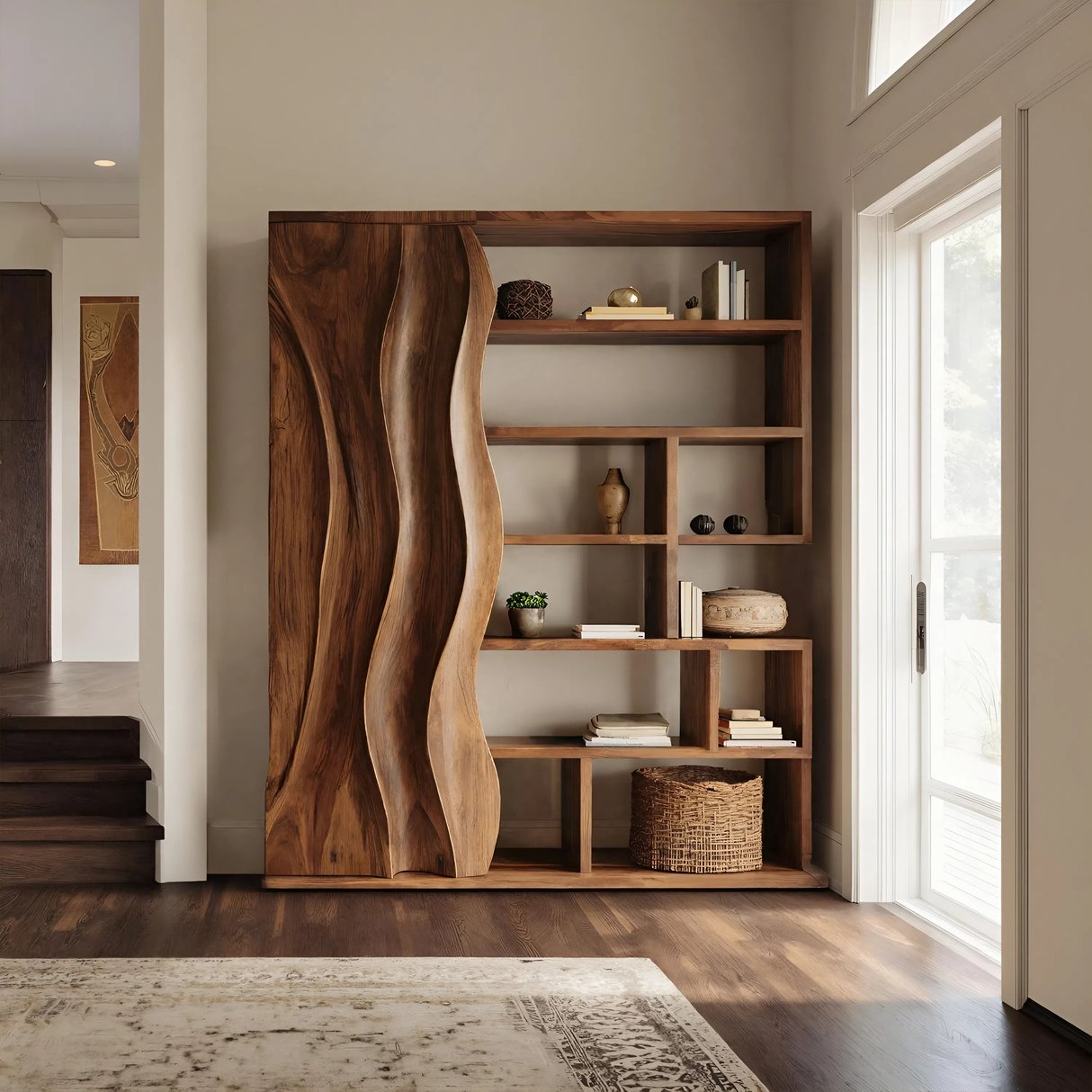 Modern Bookshelf With Wave Door For Home Decor