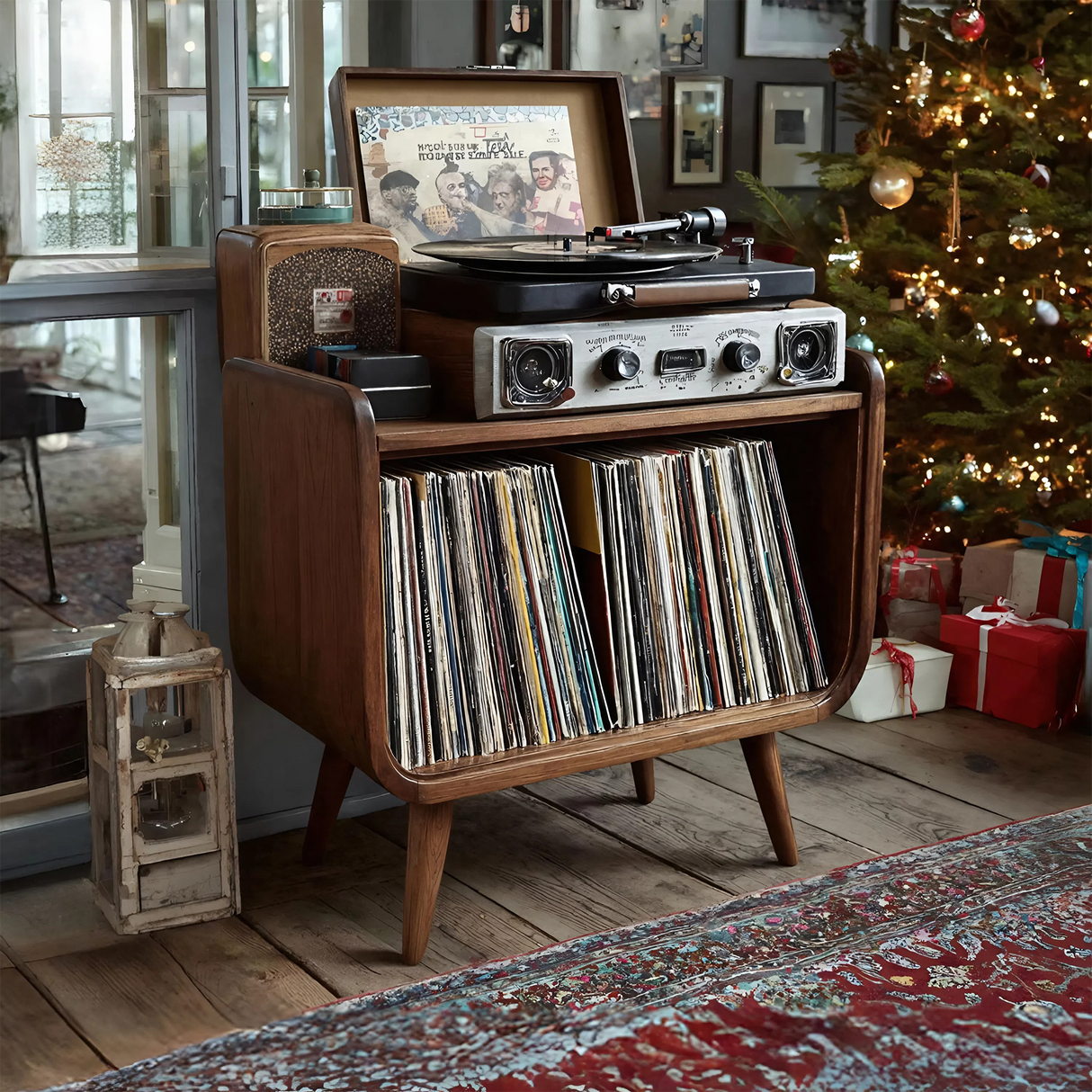 Farmhouse Solid Wood Record Stand For Cozy Christmas Decor