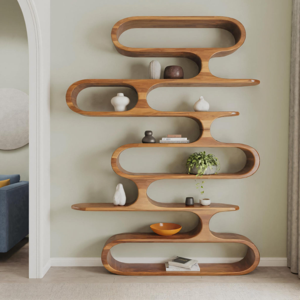 Mid Century Modern Wall Shelf With Flowing Shape For Living Room And Office