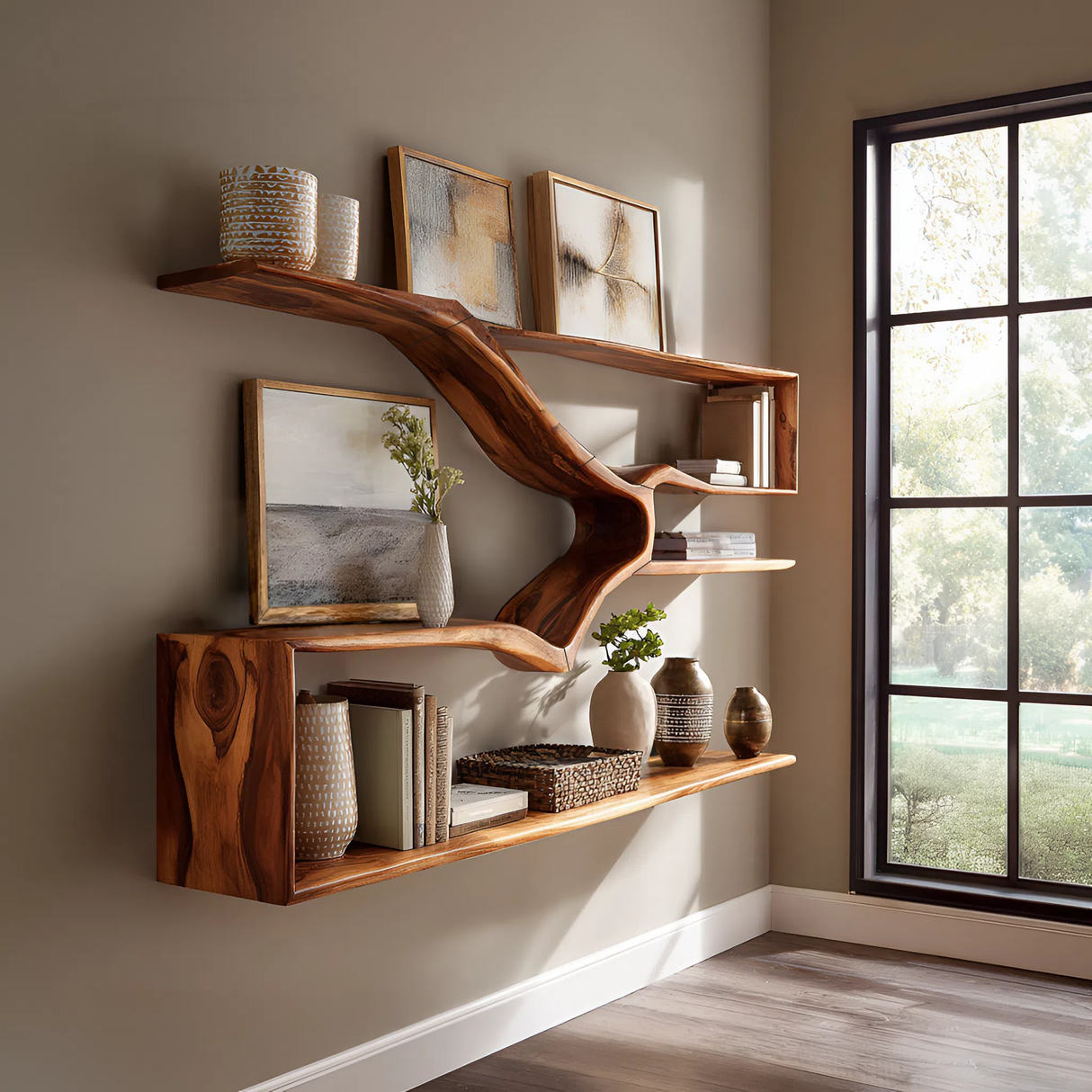Rustic Natural Wood Kitchen Wall Shelf For Pantry Storage