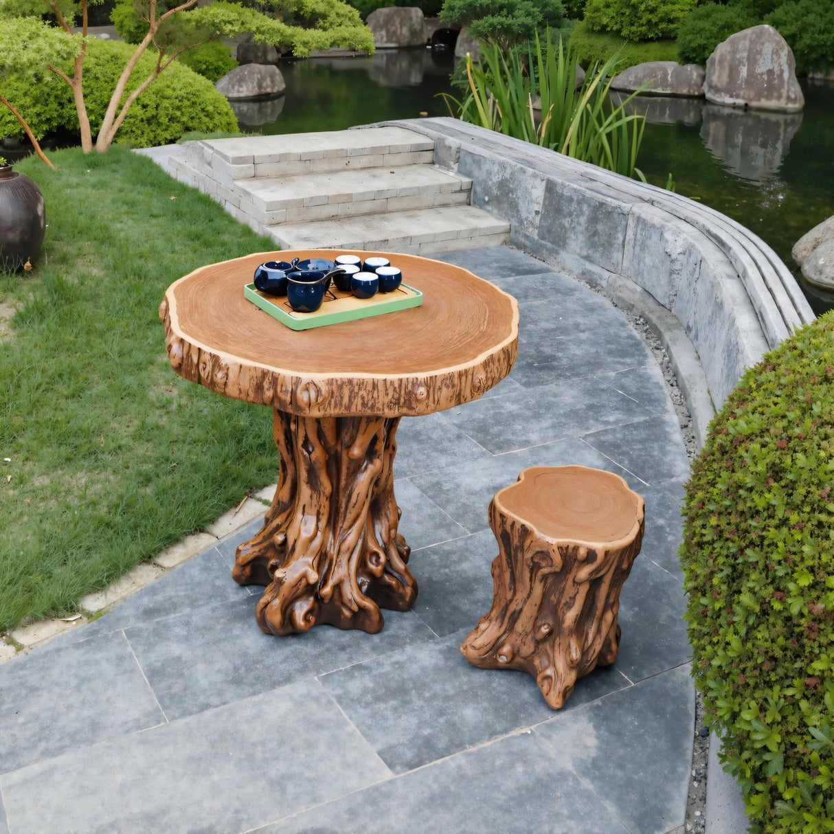 Rustic Tree Trunk Outdoor Table And Stump Seat For Garden And Patio