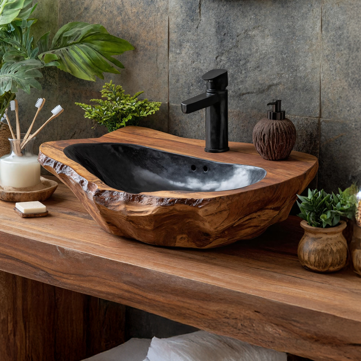 Mid Century Handcrafted Wood Wash Basin For Bathroom Decor