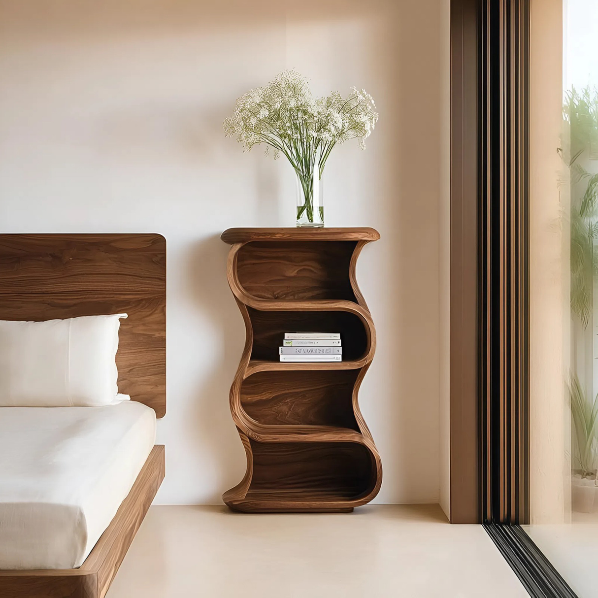 Minimalist Sculptural Nightstand With Open Shelf For Bedroom