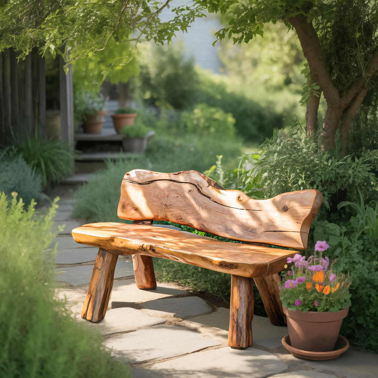 Rustic Live Edge Garden Bench For Patio Backyard And Forest Cabin
