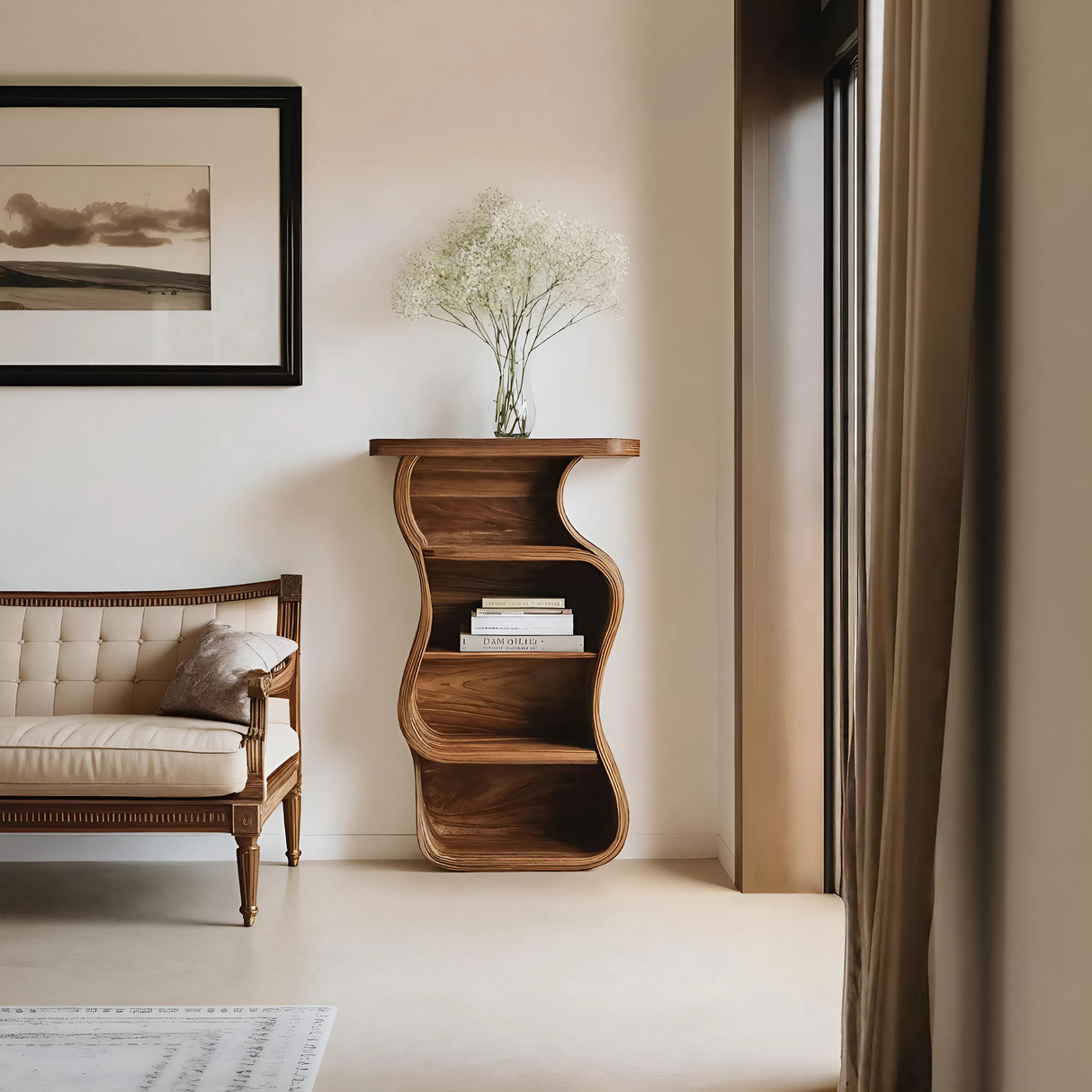 Contemporary Nightstand Sculptural With Open Shelf For Bedroom