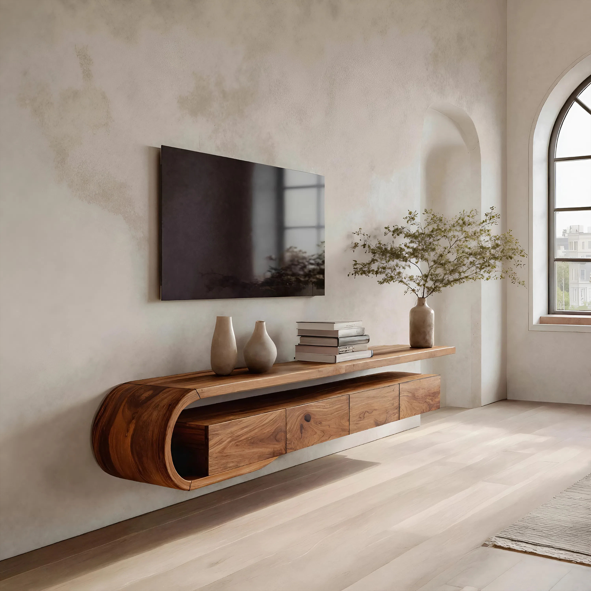 Modern Sculptural Wall Mounted TV Console For Living Room