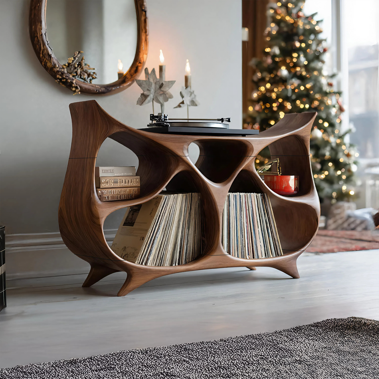 Farmhouse Record Stand For Warm Christmas Living Space