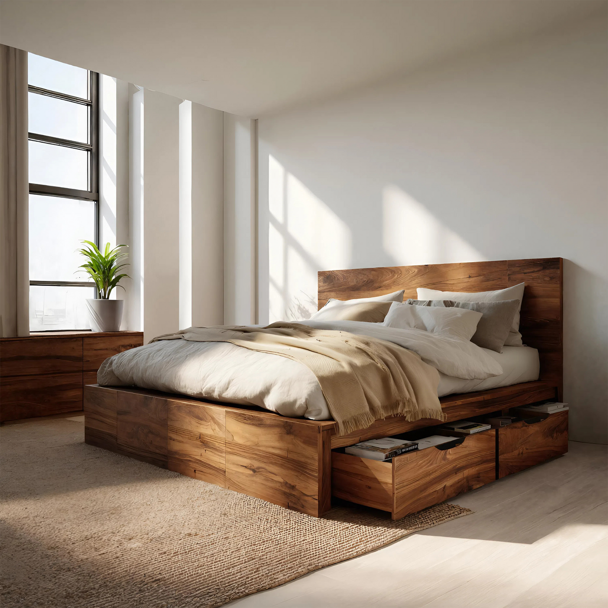 Modern Storage Bed Frame And Headboard With Drawers For Bedroom