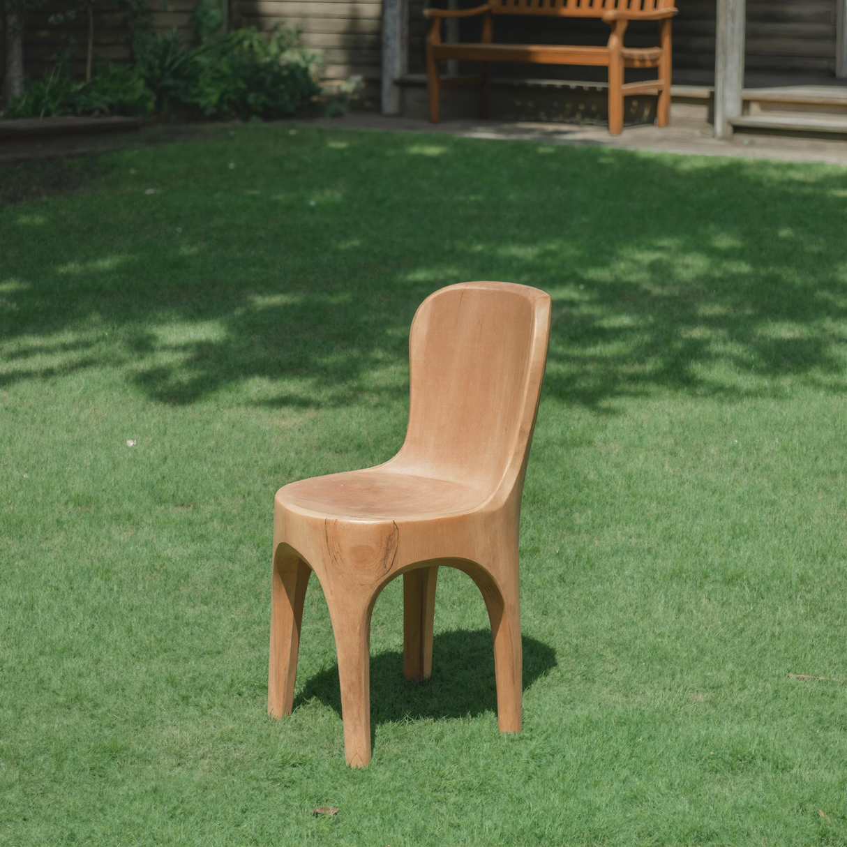 Sculptural Solid Wood Chair With Curved Seat For Garden Or Indoor Decor