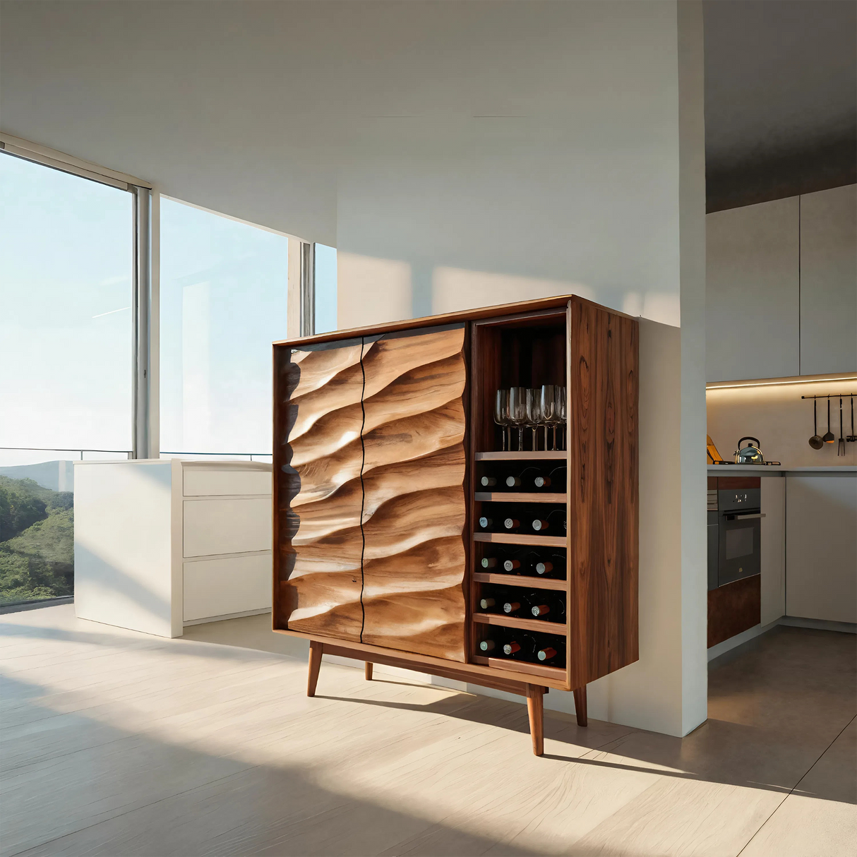 Modern Wine Cabinet With Wave Carved Doors For Kitchen Area