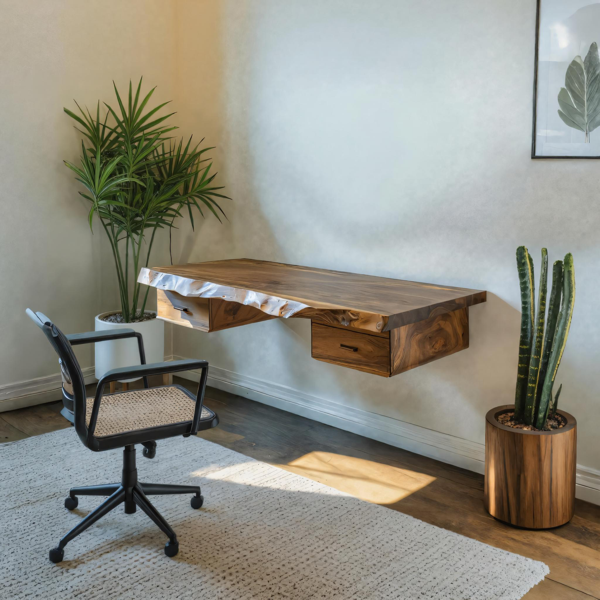 Floating Live Edge Desk With 2 Drawers For Home Office