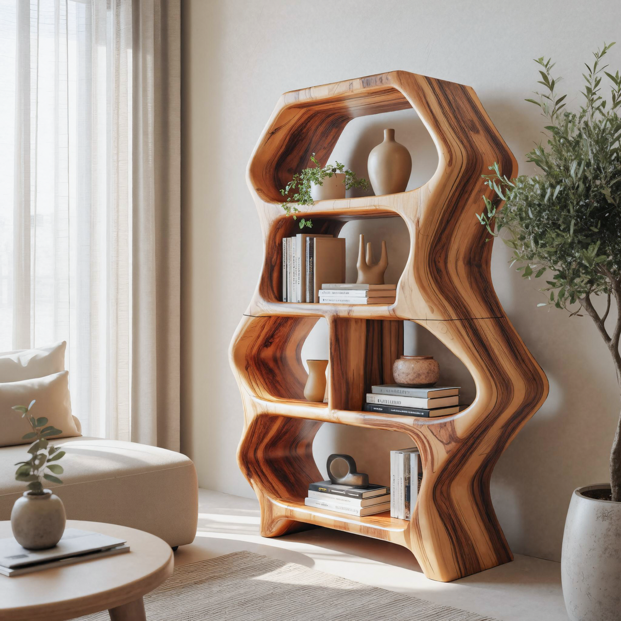 Sculptural Bookshelf With Organic Carved Display For Living Room And Office