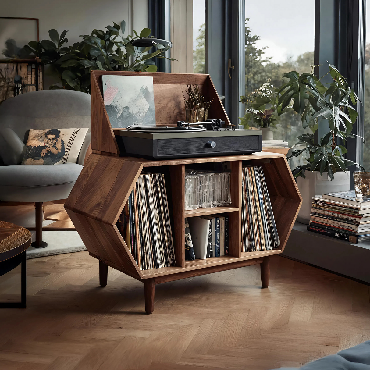 Farmhouse Solid Wood Record Stand For Entryway Furniture Decor