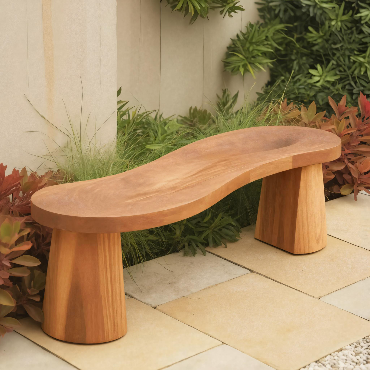 Organic Curved Wood Bench For Garden Or Entryway